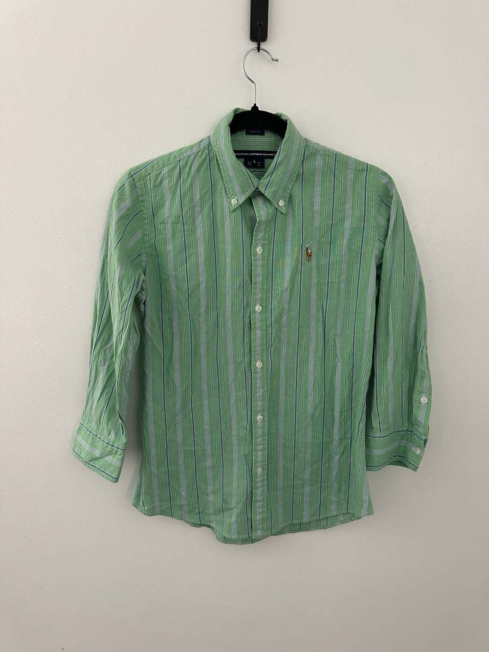 Ralph Lauren Sport Women's Slim Fit Green Striped Oxford Shirt Size 6